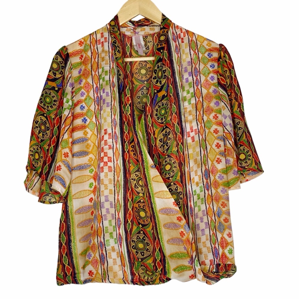 J Mode USA Blouse Draped Front Crossover Warm Colors Tribal Women’s Size Large
